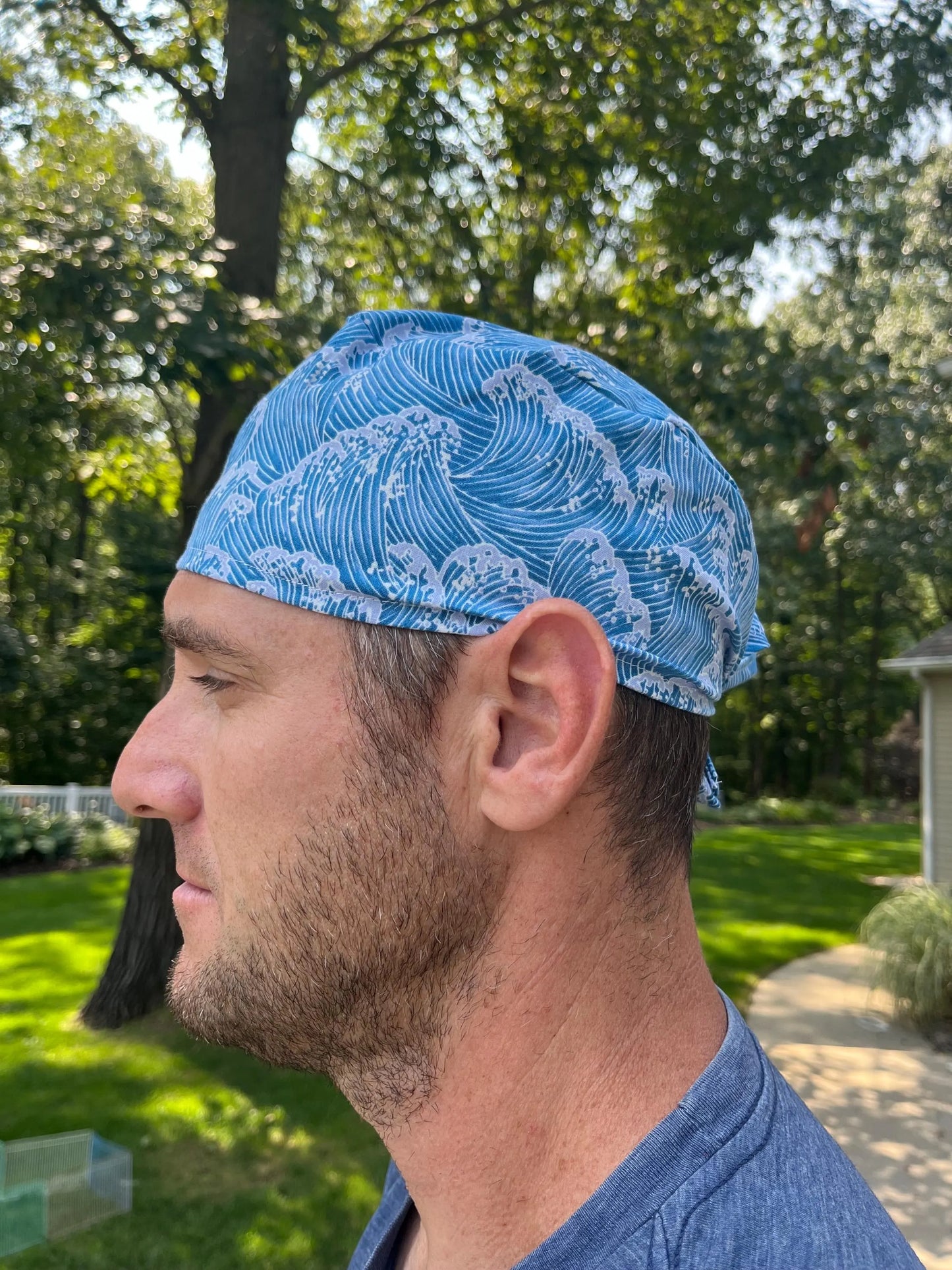 Hokusai blue japanese waves skull scrub cap mens