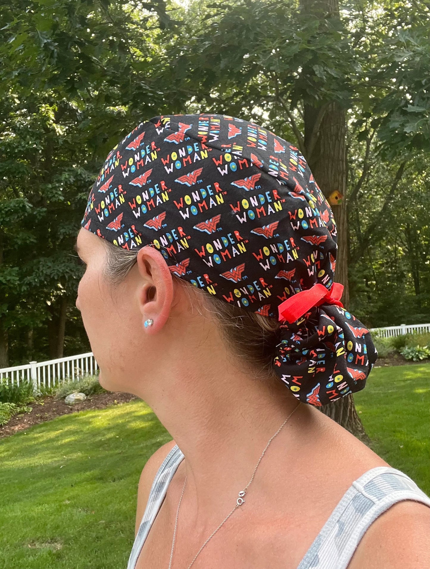 Wonder Woman logo ponytail scrub cap womens