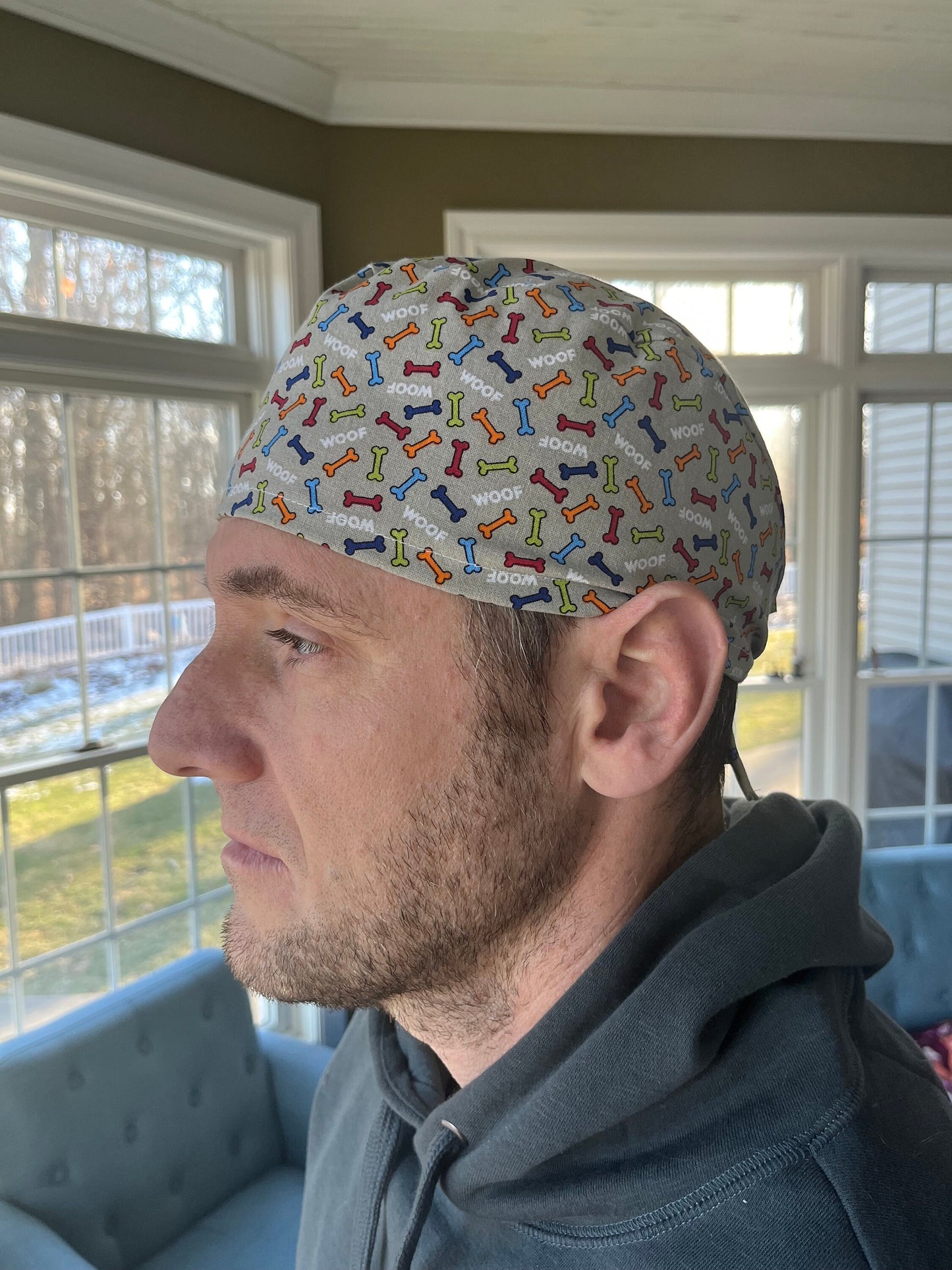 Woof dog bones ortho vet skull scrub cap mens