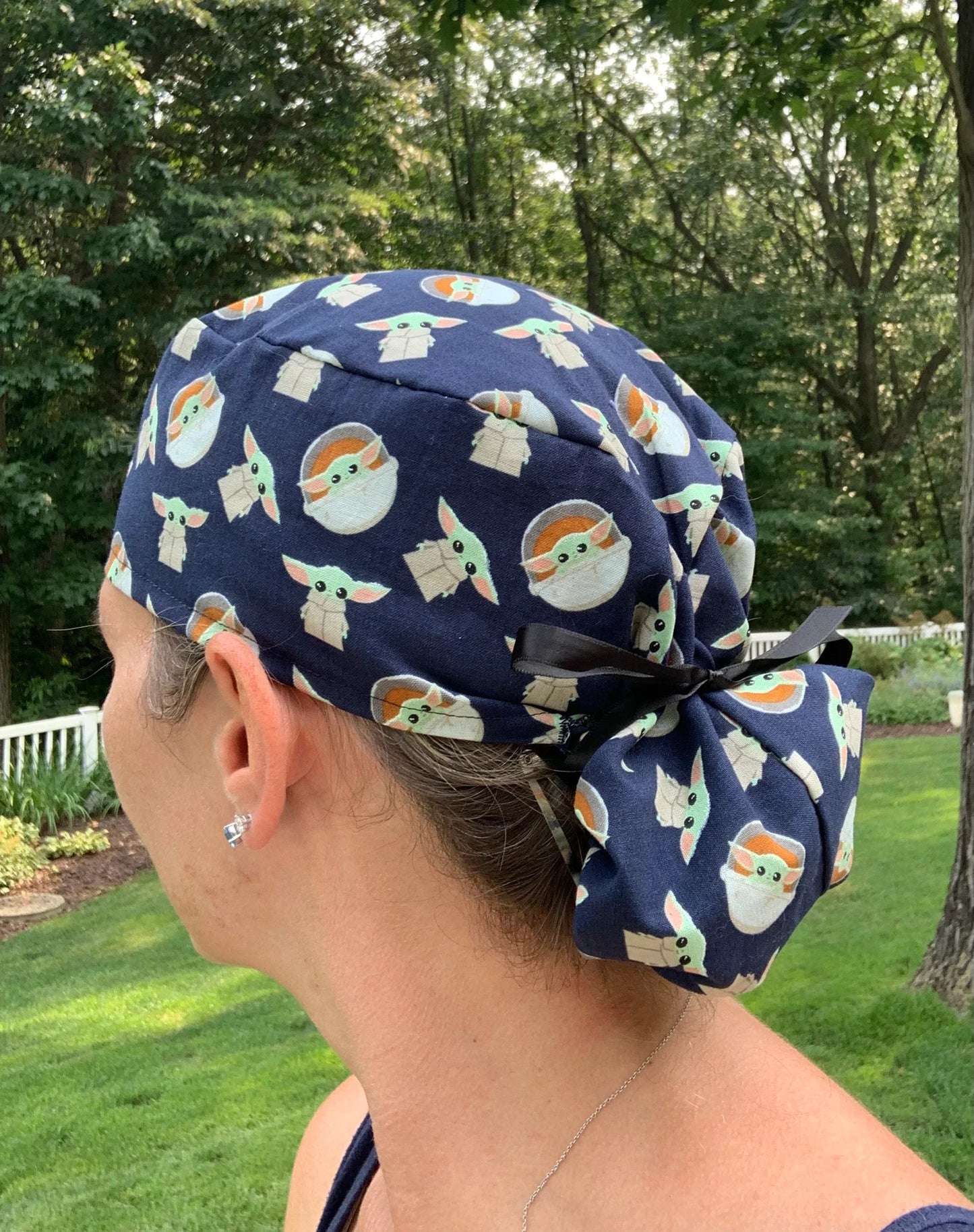 Baby yoda grogu Mandalorian Star Wars blue ponytail scrub cap womens