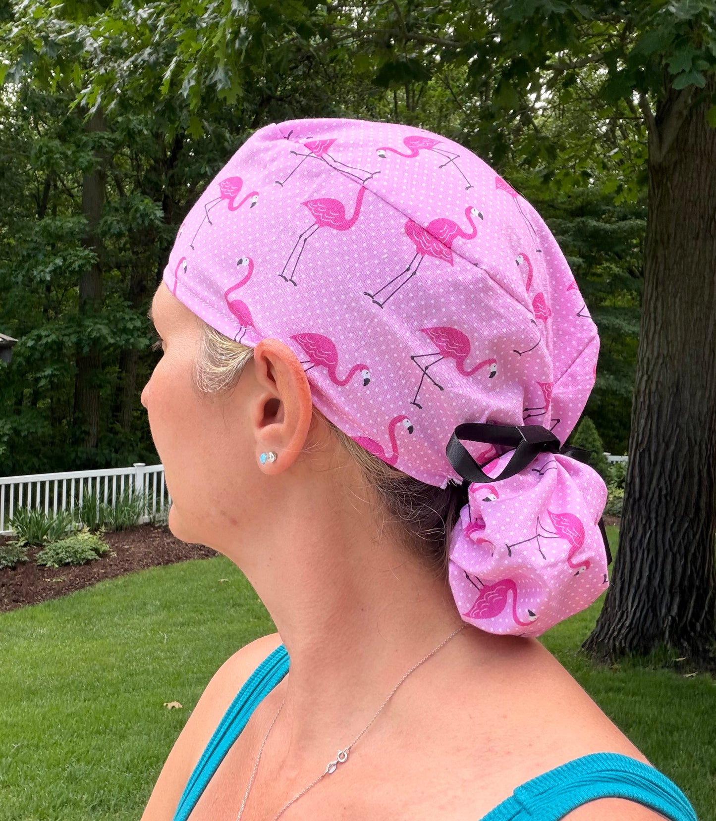 Flamingo pink ponytail scrub cap womens