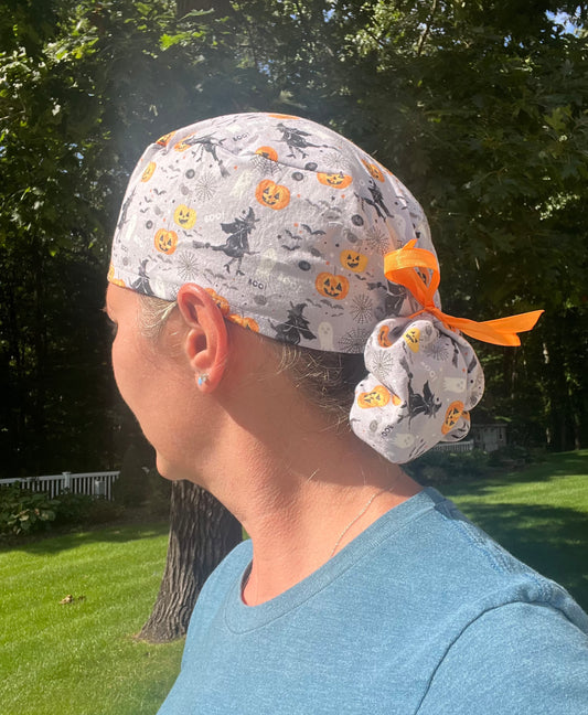 Witches grey halloween ponytail scrub cap womens