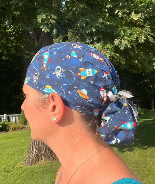 Astronaut rocket UFO ponytail scrub cap womens