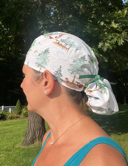 Woodland critters deer trees ponytail scrub cap womens