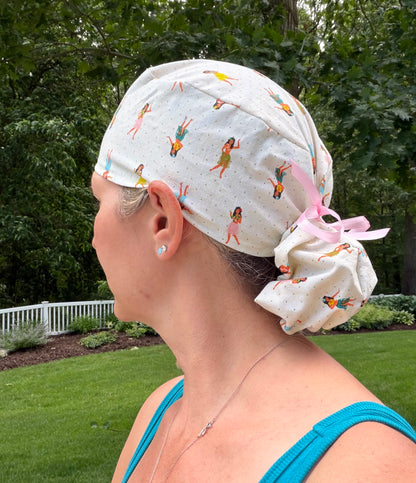 Hawaii hula girls luau ponytail scrub cap womens