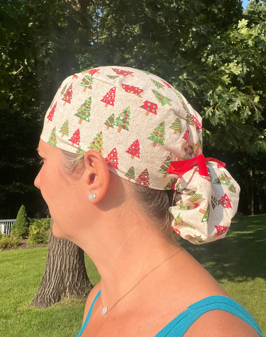Christmas tree glitter ponytail scrub cap womens