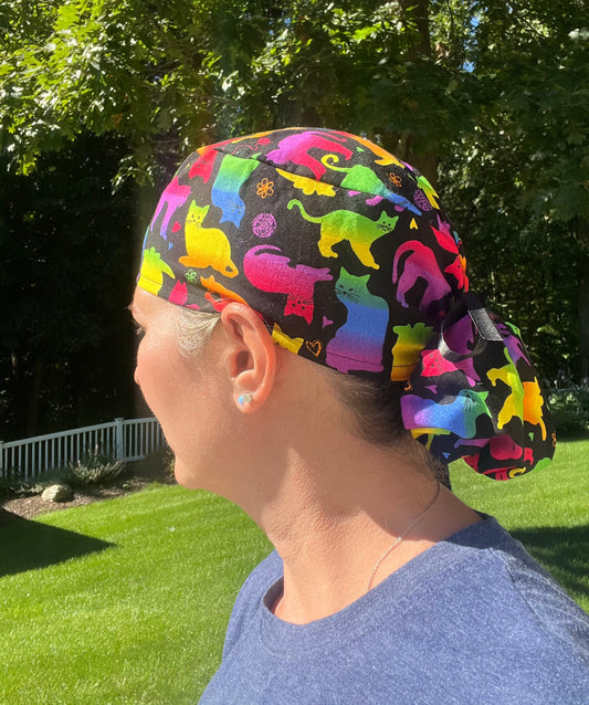 Rainbow cats ponytail scrub cap womens