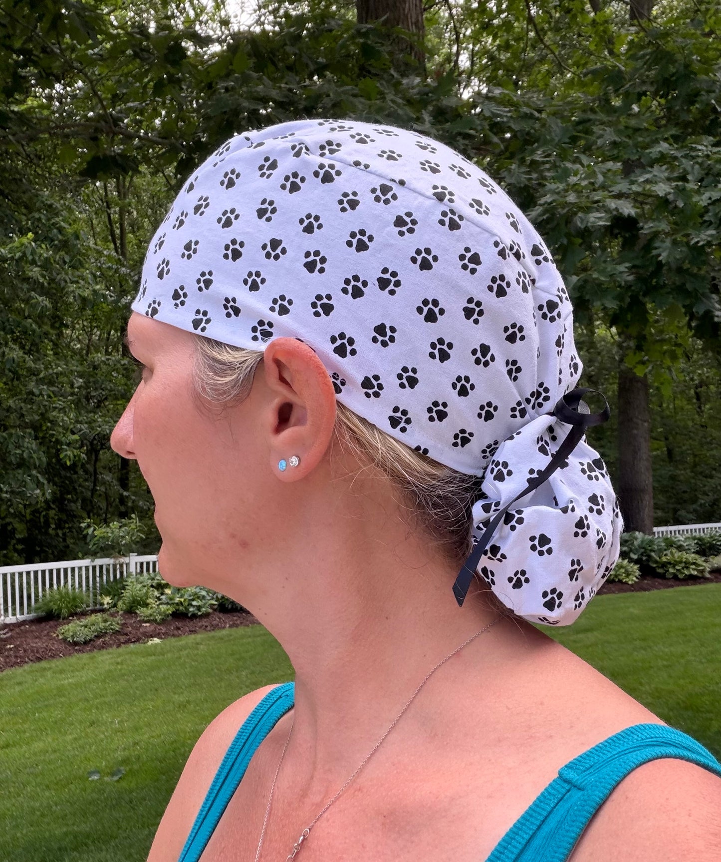 Black white paws ponytail scrub cap womens