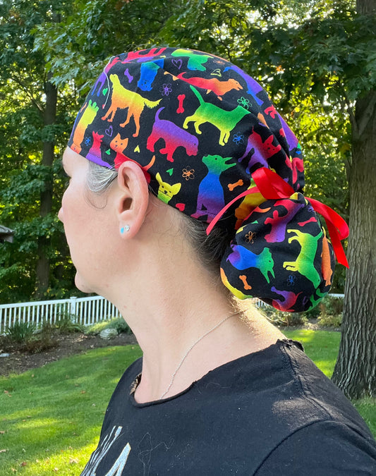 Rainbow dogs ponytail scrub cap womens