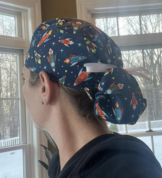Rocket ships space astronaut pony tail ponytail scrub cap womens