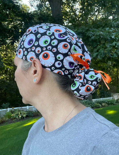 Eyeballs eye ophtho spooky ponytail scrub cap womens