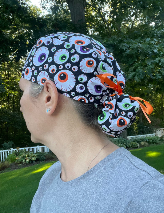 Eyeballs eye ophtho spooky ponytail scrub cap womens