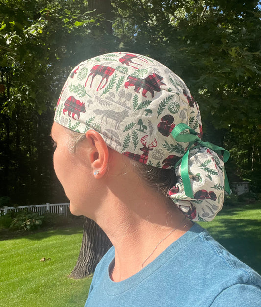 Buffalo plaid christmas animals ponytail scrub cap womens