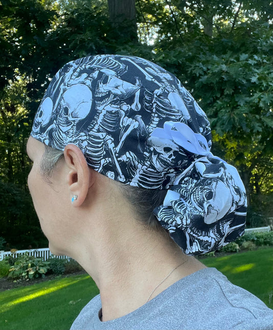Skeletons and skulls ponytail scrub cap womens