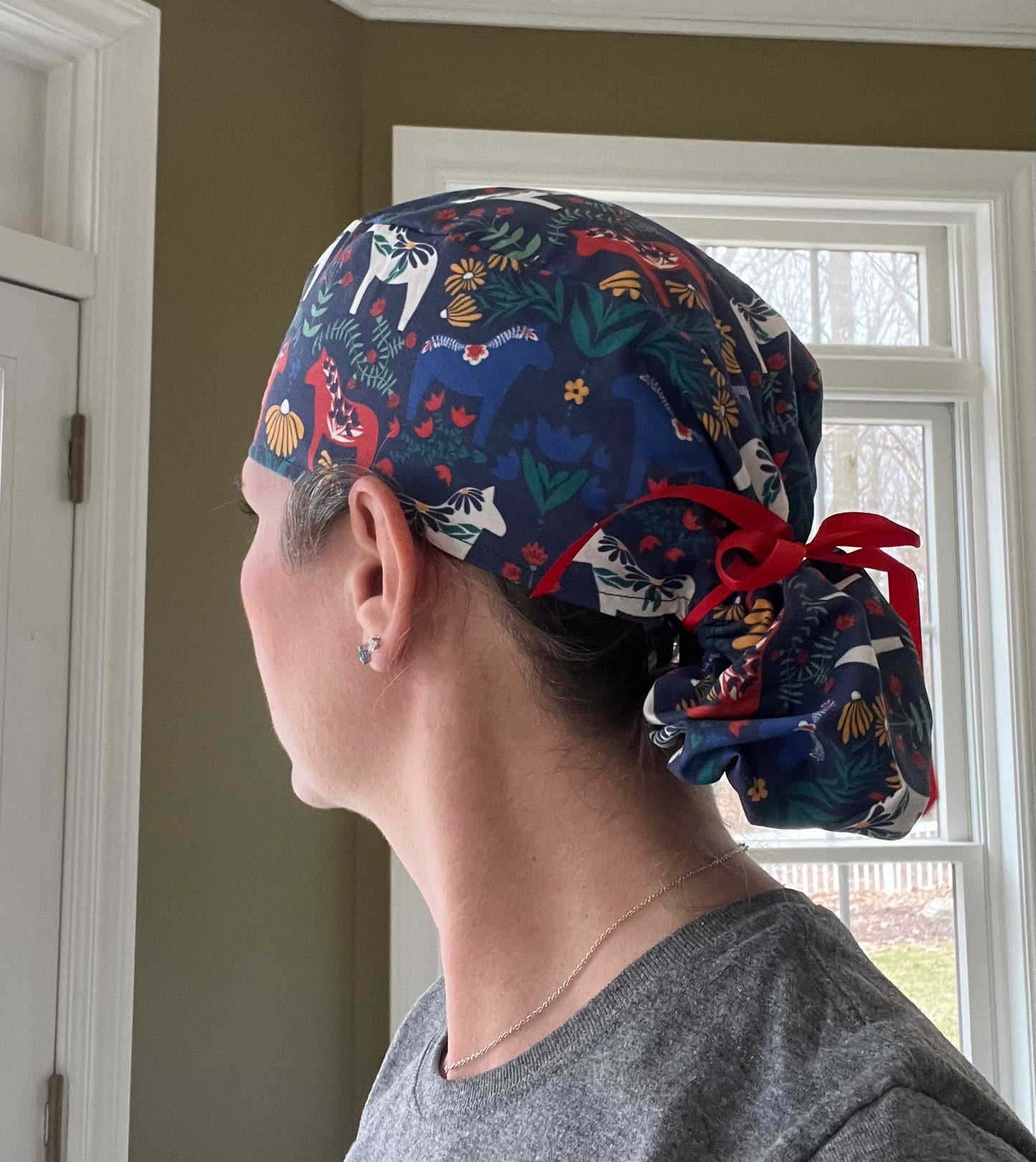 Swedish dala horse sweden ponytail scrub cap womens
