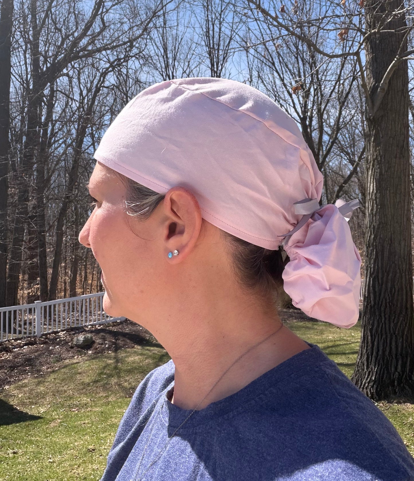 Light pink solid ponytail scrub cap womens
