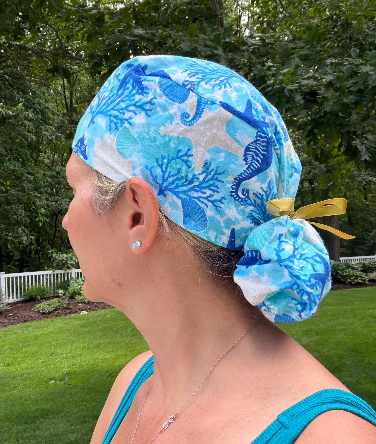 Sea life turquoise ponytail scrub cap womens
