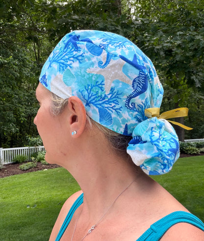 Sea life turquoise ponytail scrub cap womens