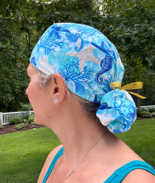 Sea life turquoise ponytail scrub cap womens