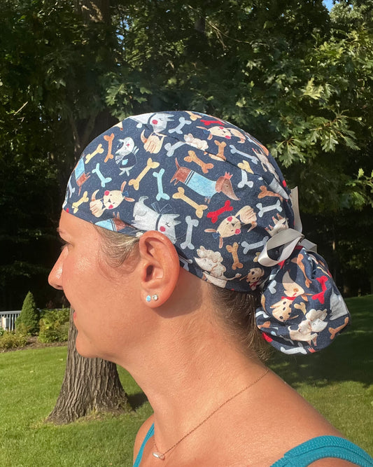 Dog + bones ponytail scrub cap womens