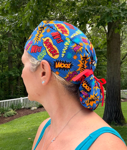 Comic cartoon hero ponytail scrub cap womens