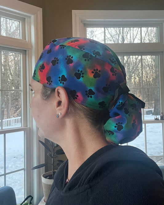RAINBOW black paws ponytail scrub cap womens