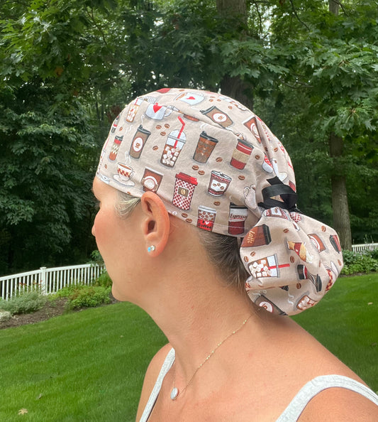 Coffee latte espresso ponytail scrub cap womens