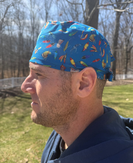 Blue fishing lures fish skull scrub cap mens