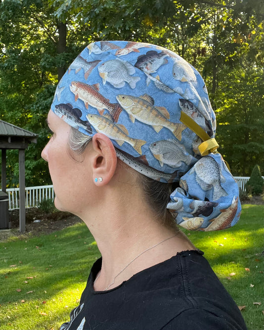 Blue fish fishing ponytail scrub cap womens