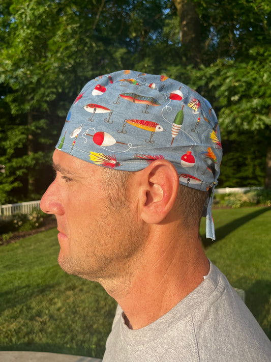 Fishing lures fish blue skull scrub cap mens