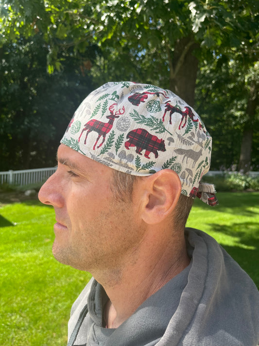 Buffalo plaid Christmas animals skull scrub cap mens