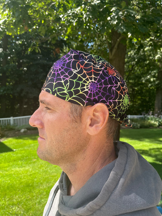 Spiderwebs black halloween skull scrub cap mens