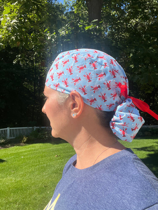 Lobsters blue ponytail scrub cap womens