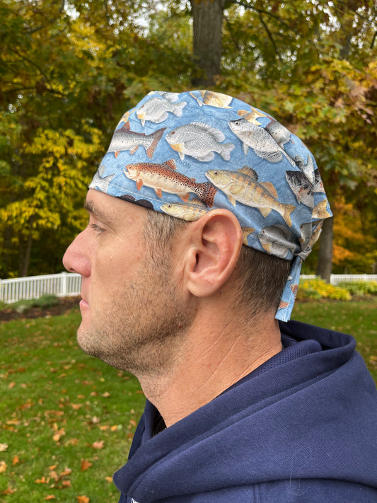 Blue fish fishing skull scrub cap mens