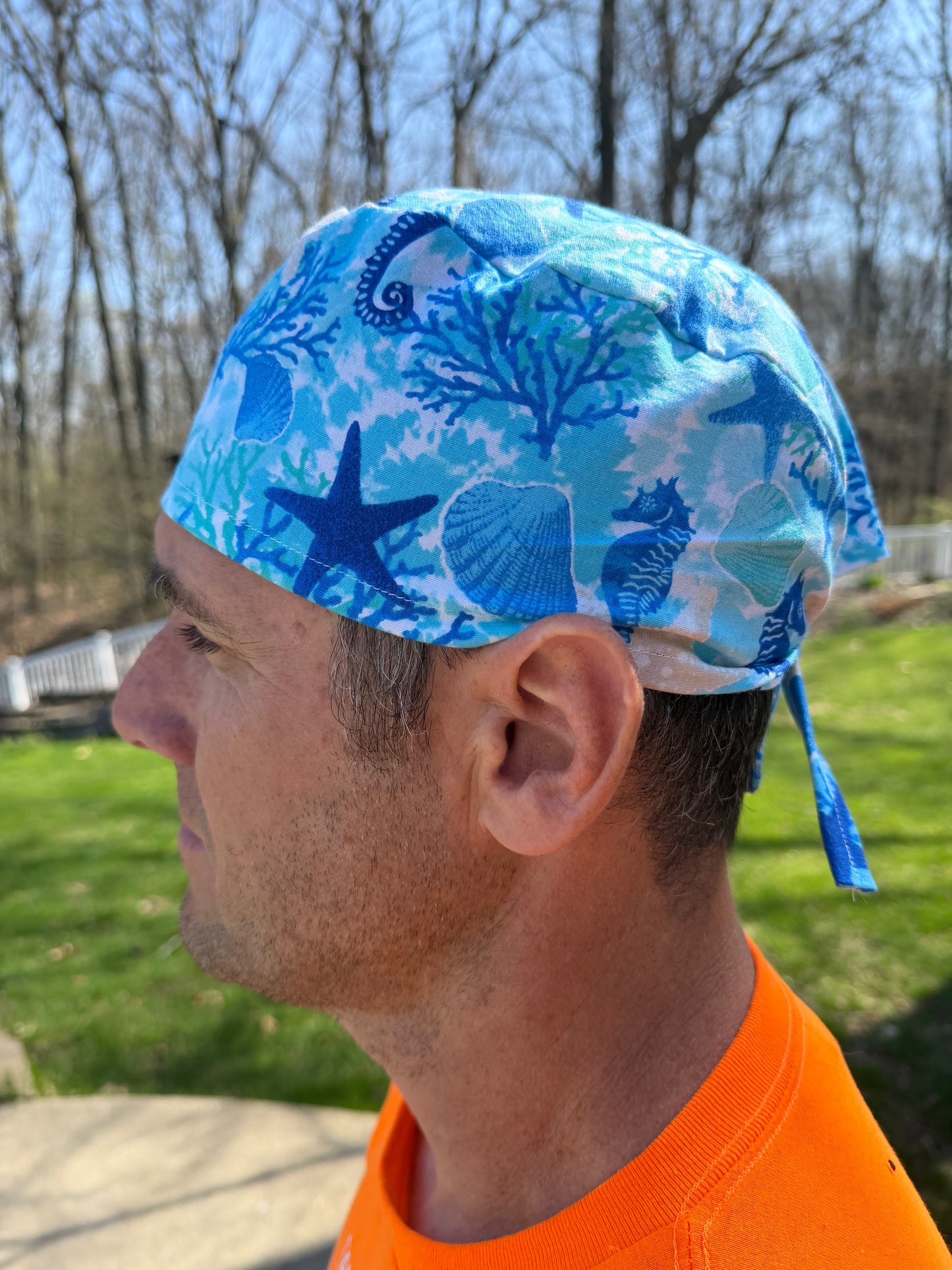 Sea life turquoise skull scrub cap mens