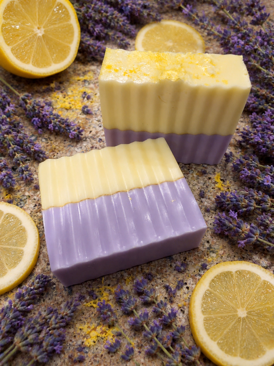 Homemade LEMON + LAVENDER goat milk and shea moisturizing soap bar