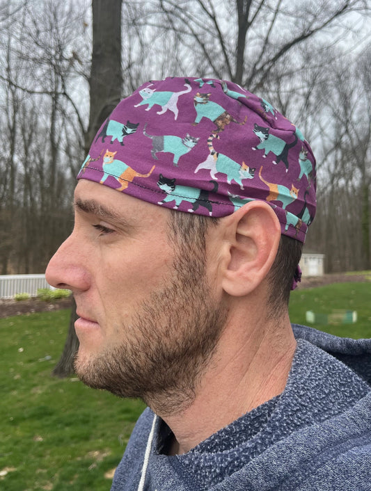Cats in scrubs vet purple skull scrub surgical OR hat surgery cap mens