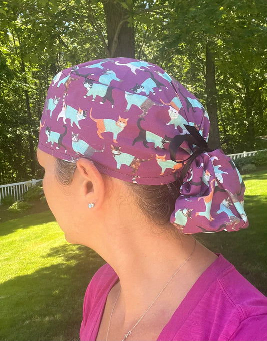 Cats in scrubs vet purple ponytail scrub cap womens
