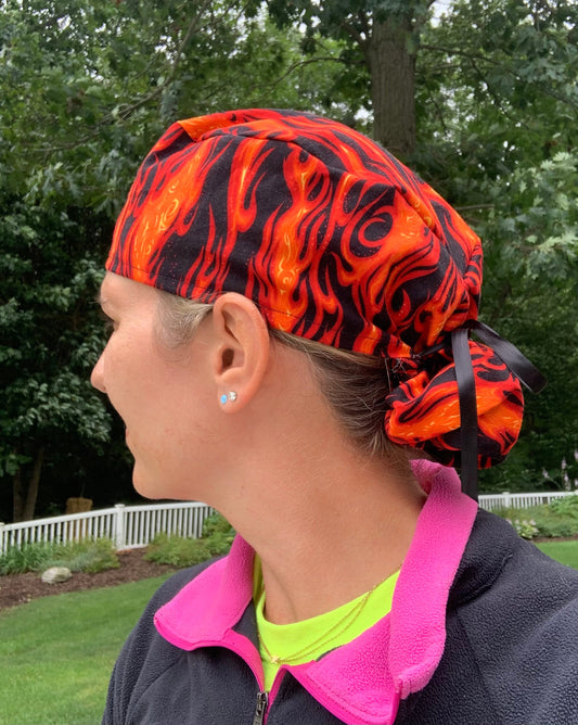 Flames fire ponytail scrub cap womens