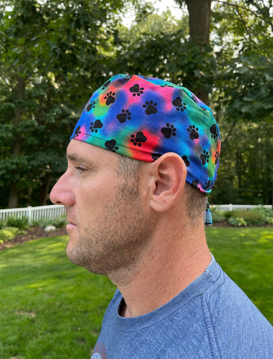 Rainbow paws vet cat dog skull scrub cap mens