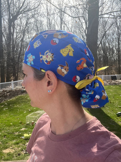 Trading card characters blue pony tail ponytail scrub cap womens