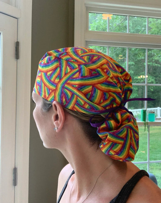 Pride rainbow ponytail scrub cap womens