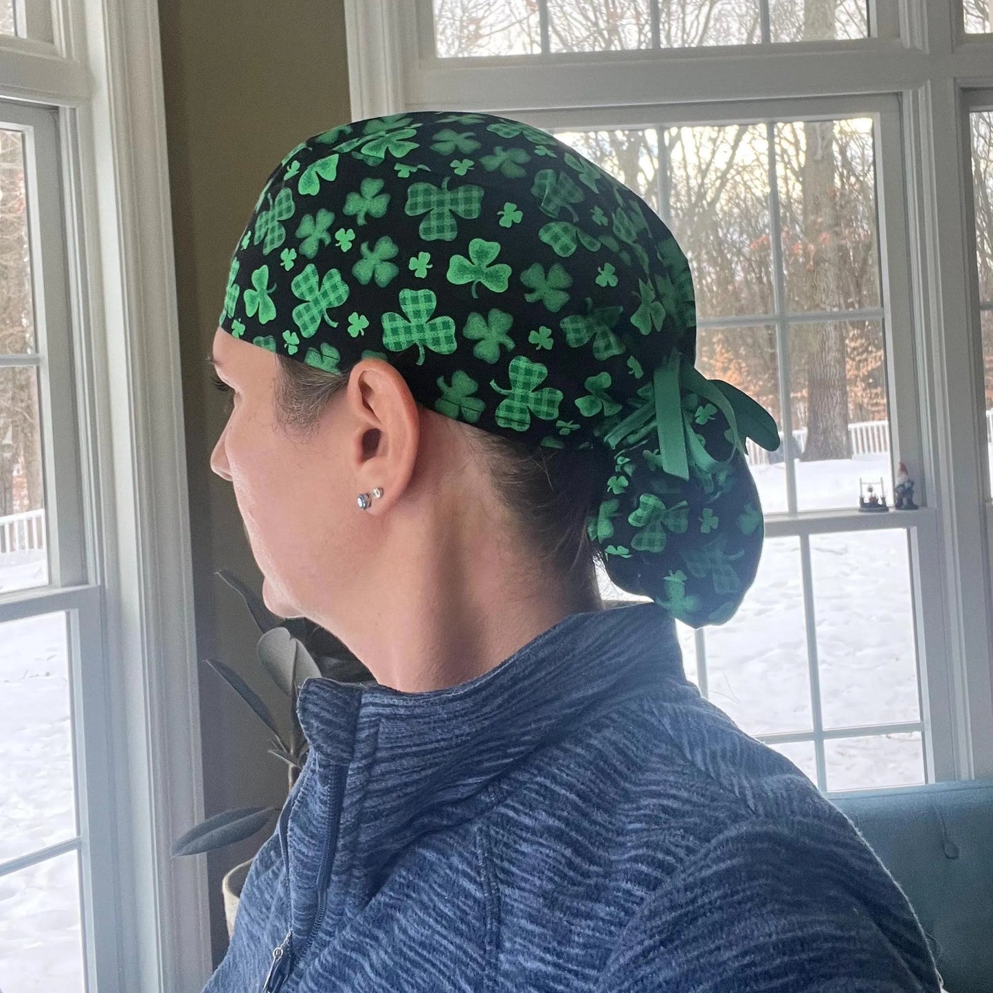 St Patrick's irish shamrock clover ponytail scrub cap womens